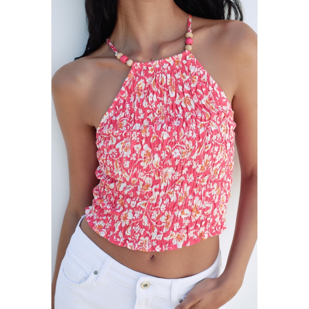 Zara Pink Floral Smocked Halter Cropโ Top Beaded Neck Tie Back XS